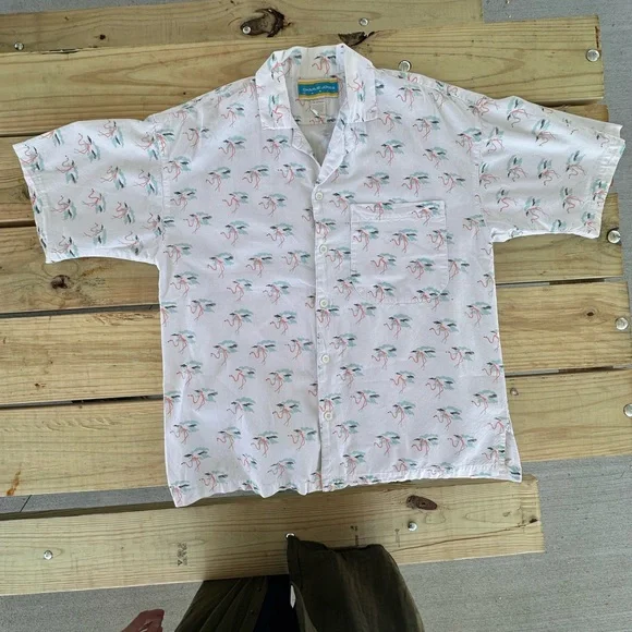 100% Cotton - Flamingo Print Button Up Shirt - Charlie Jones Size S - USA Made - Picture 3 of 5